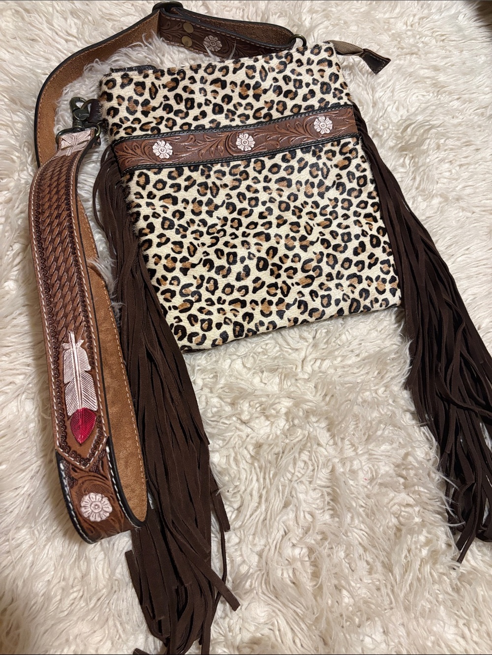 Myra Bag Leopard Print Crossbody with Brown Fringe - Picture 2 of 5